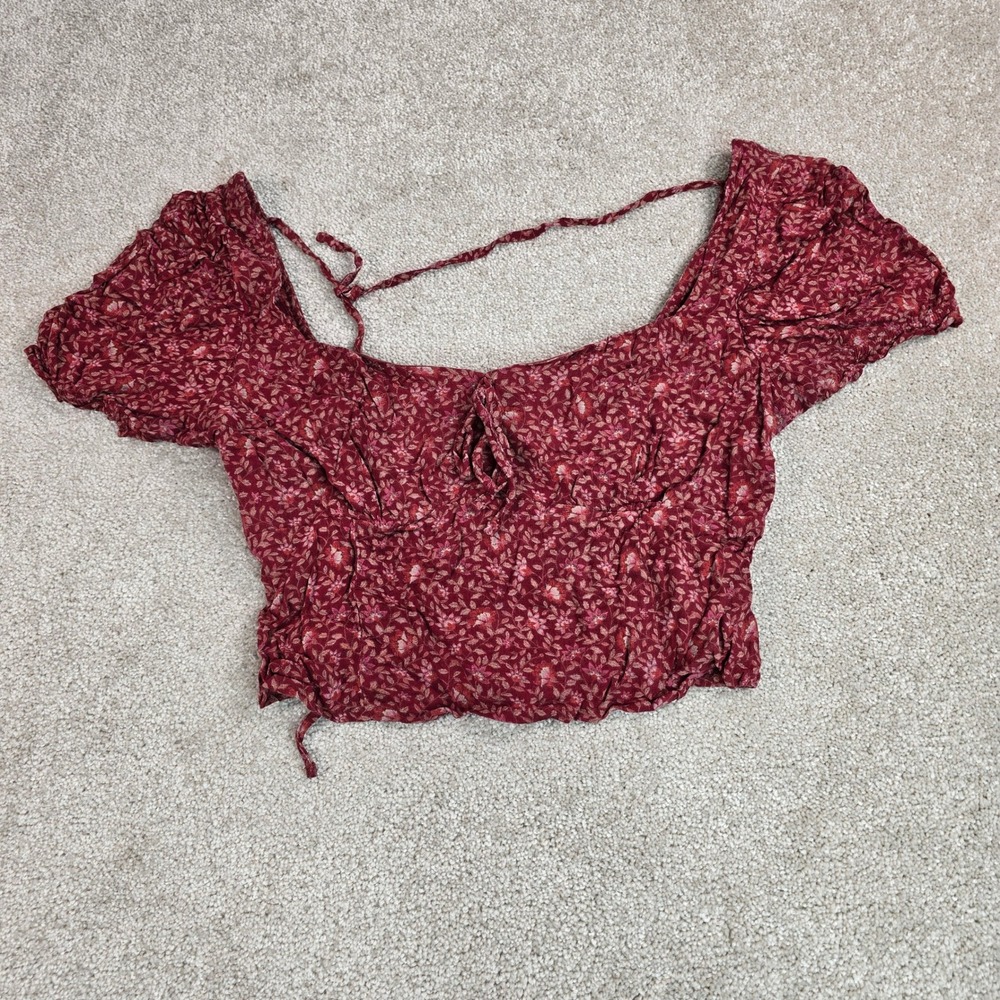 American Eagle Floral Smocked Back Crop Top‎ Burgundy Red Puff Sleeve Womens L
